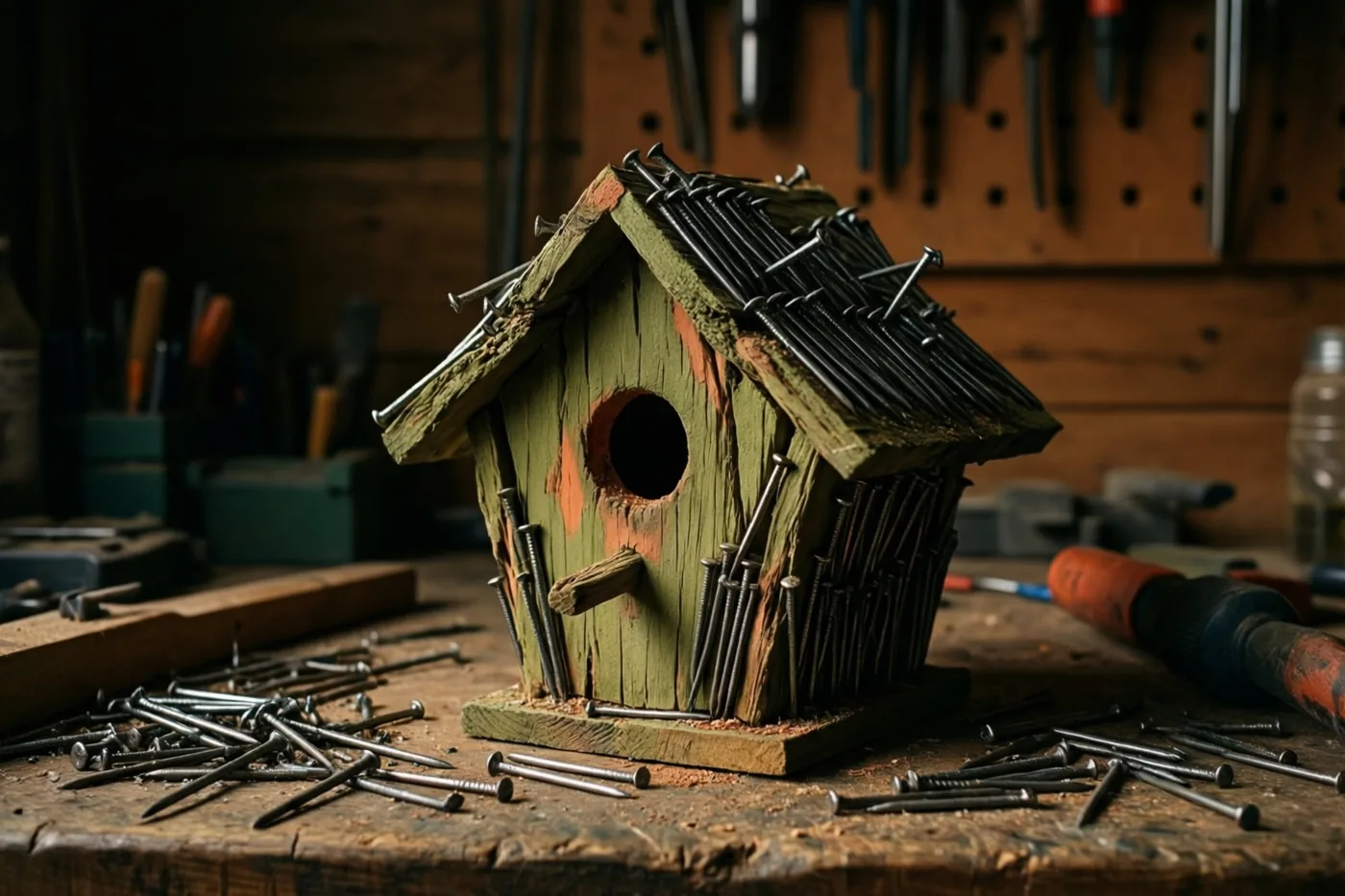 Een klein scheef houten vogelhuisje met veel spijkers staat op een rommelige werkbank, met gereedschap aan een gaatjesbord in een schemerige werkplaats.