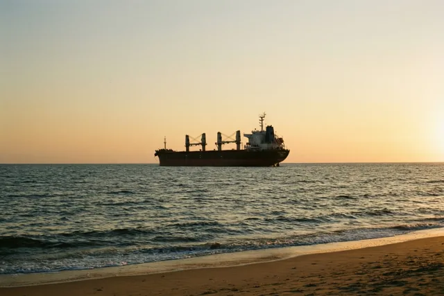 Het silhouet van een groot vrachtschip is bij zonsondergang zichtbaar aan de horizon, gezien vanaf een zandstrand met zachte golven in gouden en oranje licht.