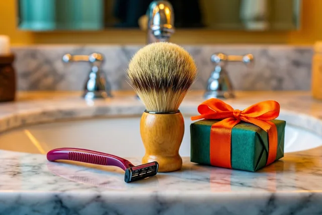 Een scheerkwast, een scheermes en een ingepakt cadeau liggen op een marmeren wastafel in een warm verlichte badkamer met groene, oranje en beige tinten.
