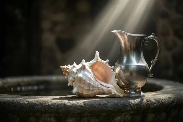 Dooplicht op schelp en zilver