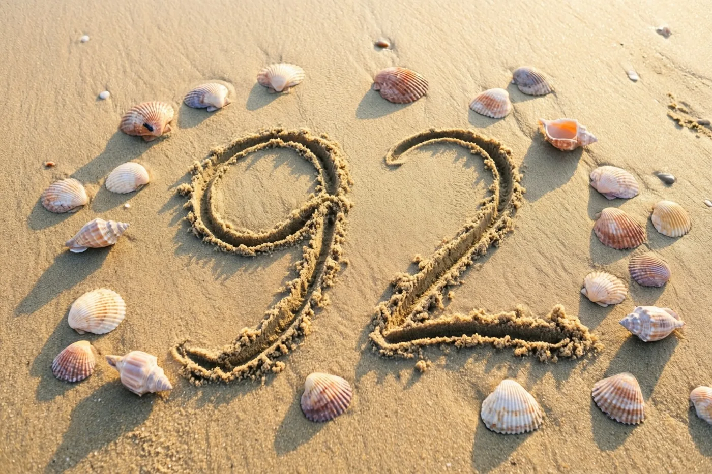 Het getal 92 staat in het strandzand tussen verspreide schelpen, verlicht door zacht goudkleurig licht.