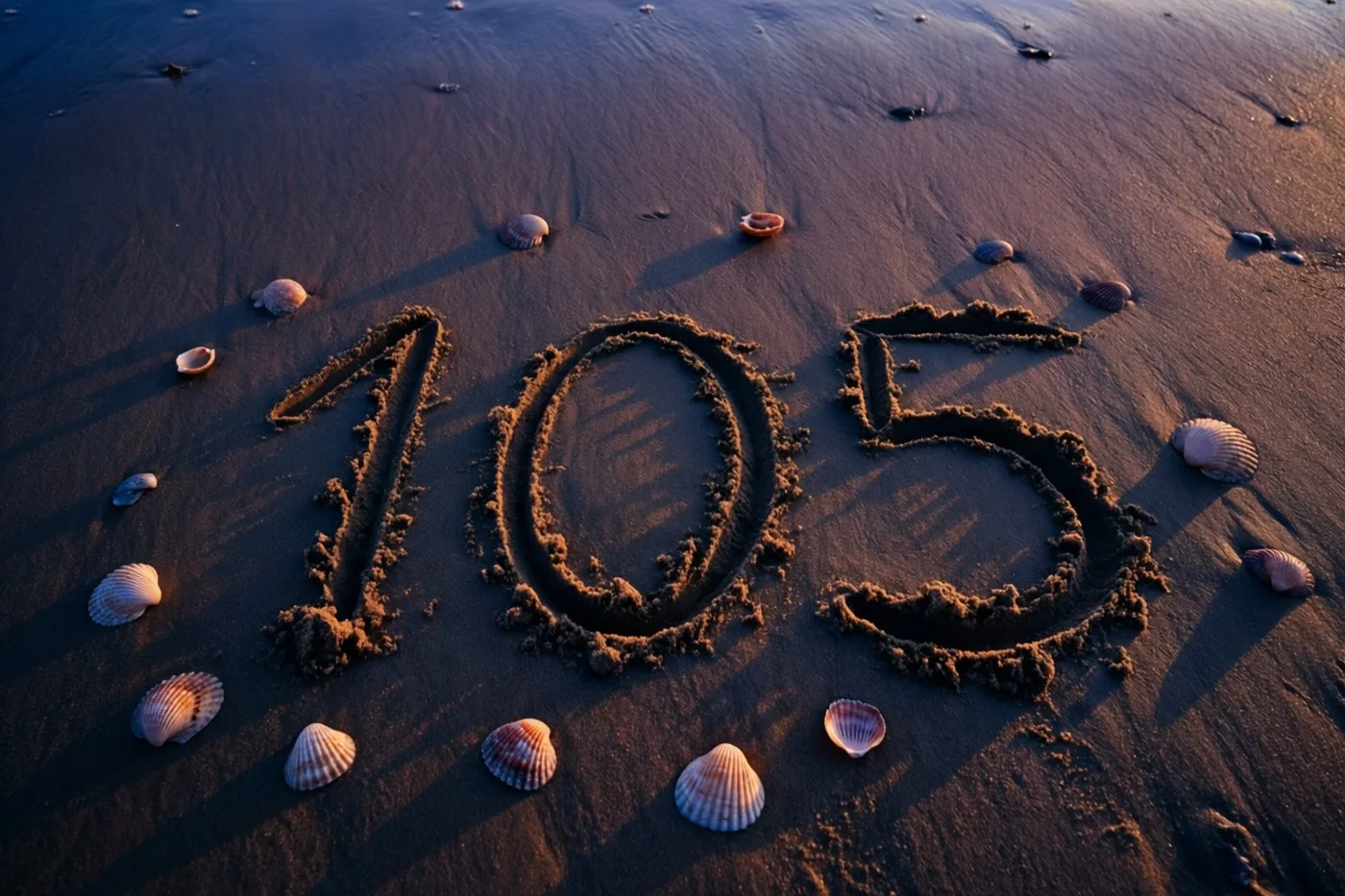 Het getal 105 is in het zand op een strand getekend, met verspreide schelpen, warm goudkleurig licht en diepe schaduwen bij zonsondergang.