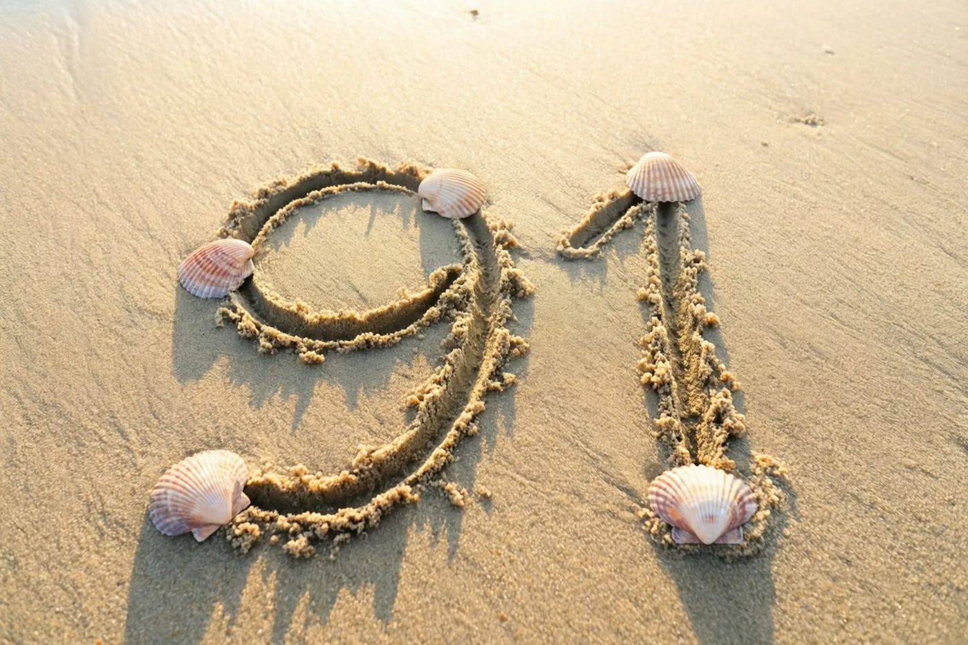 Het getal 91 is in nat strandzand getekend en versierd met schelpen in warm, goudkleurig licht van de ondergaande zon.