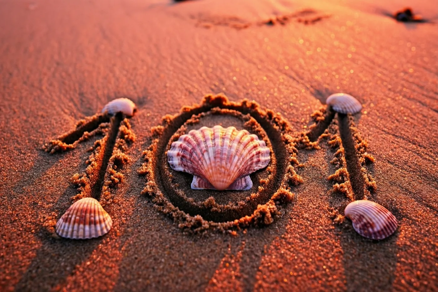Het getal 101 is in strandzand getekend, met schelpen in en rond de cijfers onder het oranje en rode licht van de zonsondergang.