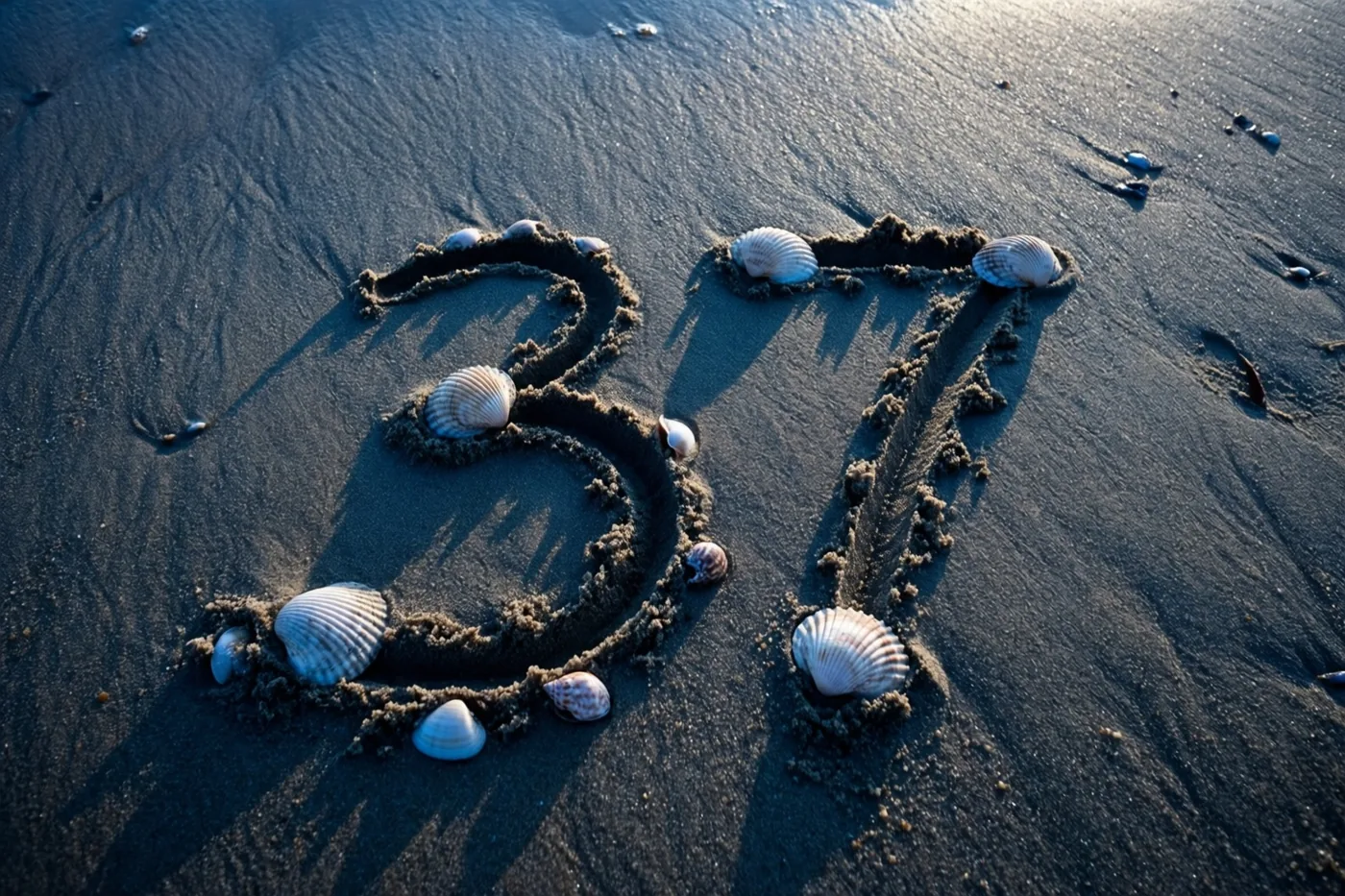 Het getal 37 is in donker nat strandzand getekend met schelpen langs de lijnen, in warm avondlicht met lange schaduwen.