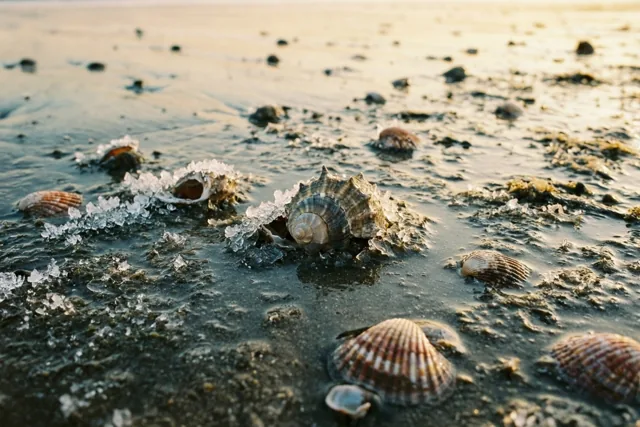 Een close-up toont schelpen met ijskristallen eromheen in een bevroren getijdenpoel op het strand, in warm goudkleurig licht.