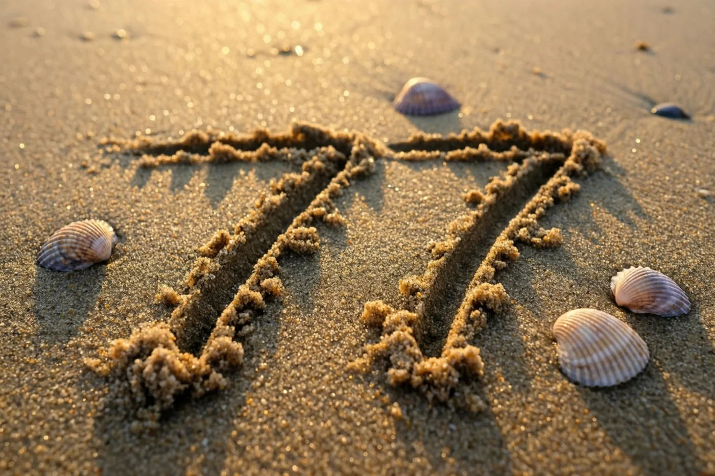 Het getal 77 is getekend in strandzand met verspreide schelpen, dat zacht glinstert in het gouden licht van de zonsondergang.