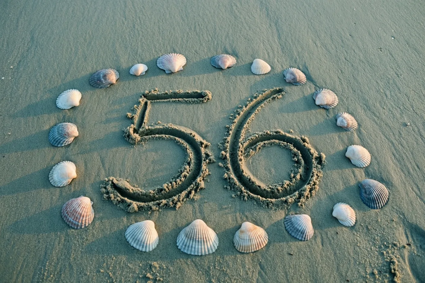 Het getal 56 is in het strandzand getekend en omringd door schelpen in warm, goudkleurig licht.