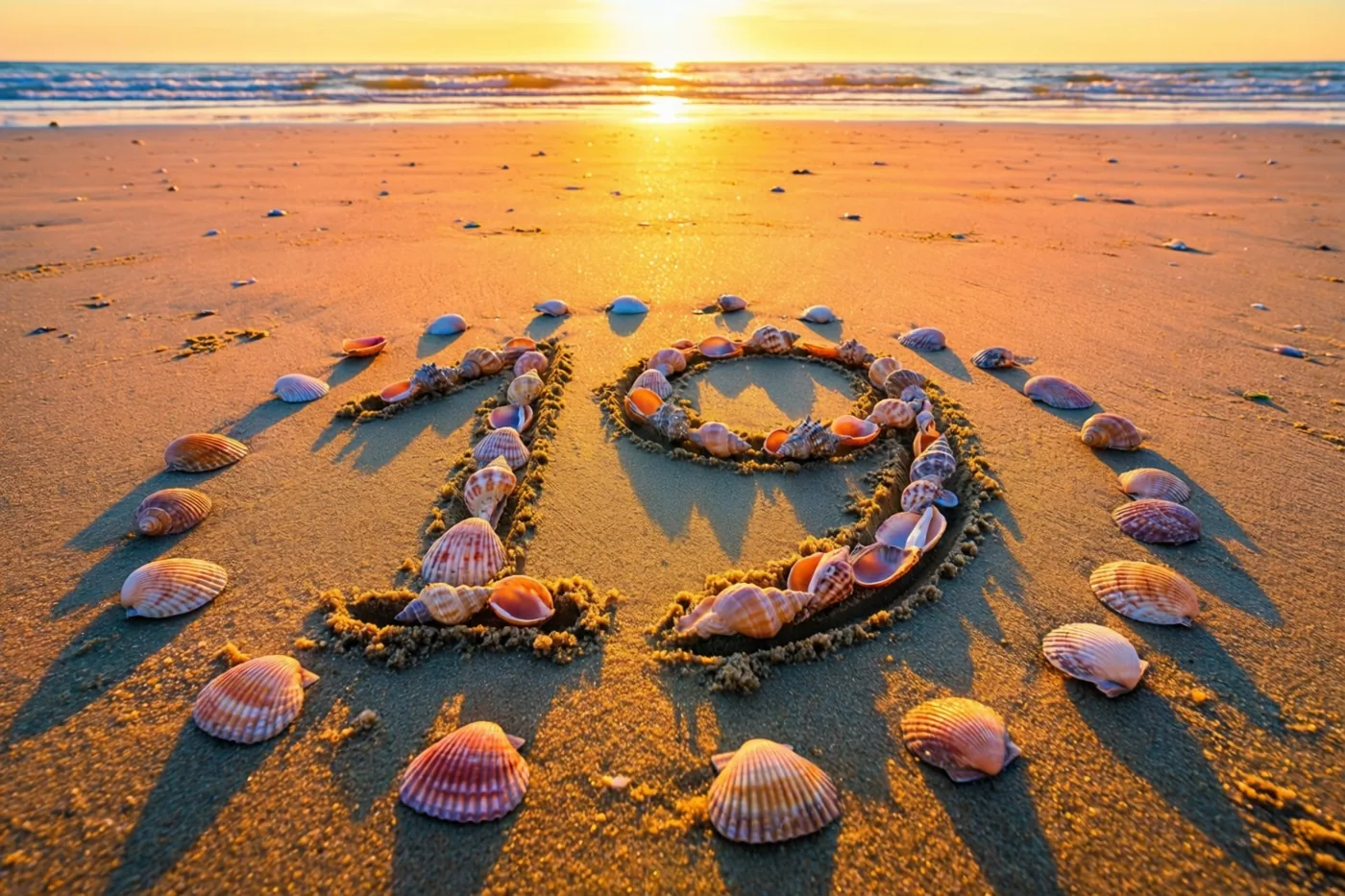 Het getal 19 staat in het zand op een strand tussen schelpen, in gouden en oranje licht bij zonsondergang.