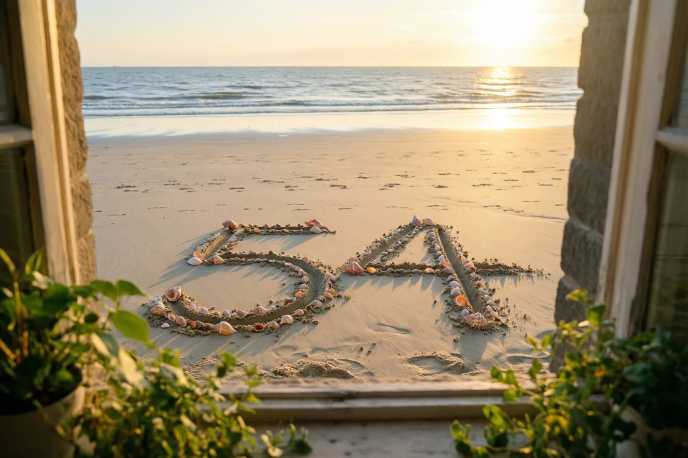 Door een raam met groene planten op de voorgrond is het getal 54 te zien in het strandzand, omlijnd met schelpen, met de zee bij zonsondergang op de achtergrond.
