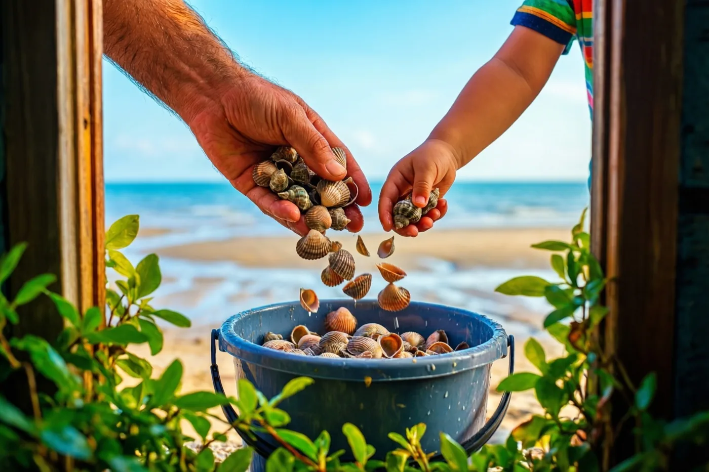 Door een houten deuropening zijn de handen van een vader en kind te zien die schelpen in een blauwe emmer laten vallen, met groen op de voorgrond en strand en zee erachter.