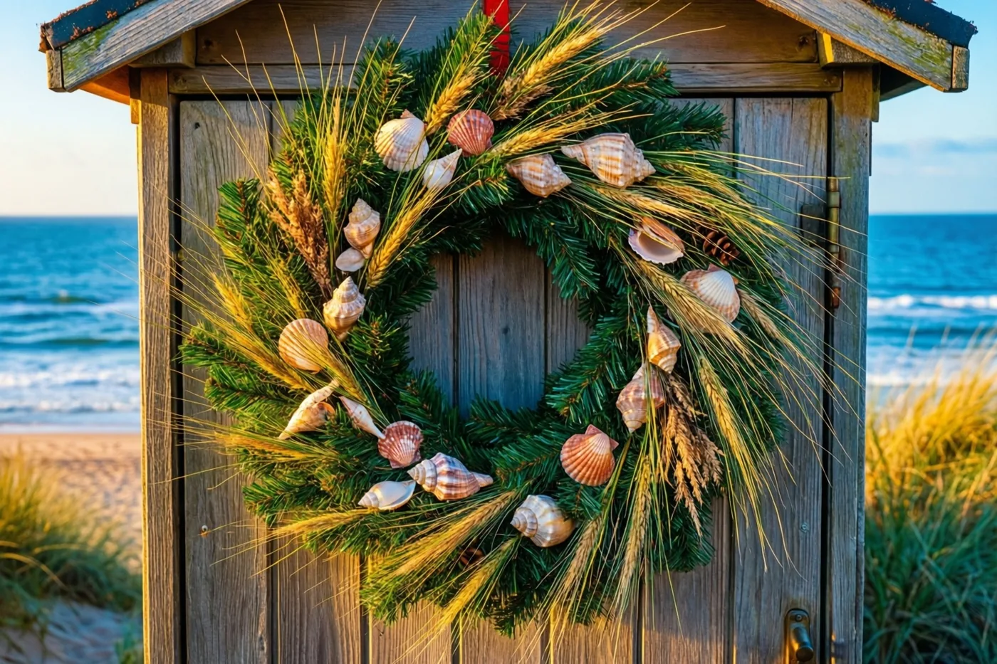 Aan de houten deur van een strandhuisje hangt een kerstkrans van dennengroen, duingras en schelpen, met het zandstrand en de zee onder een heldere hemel erachter.