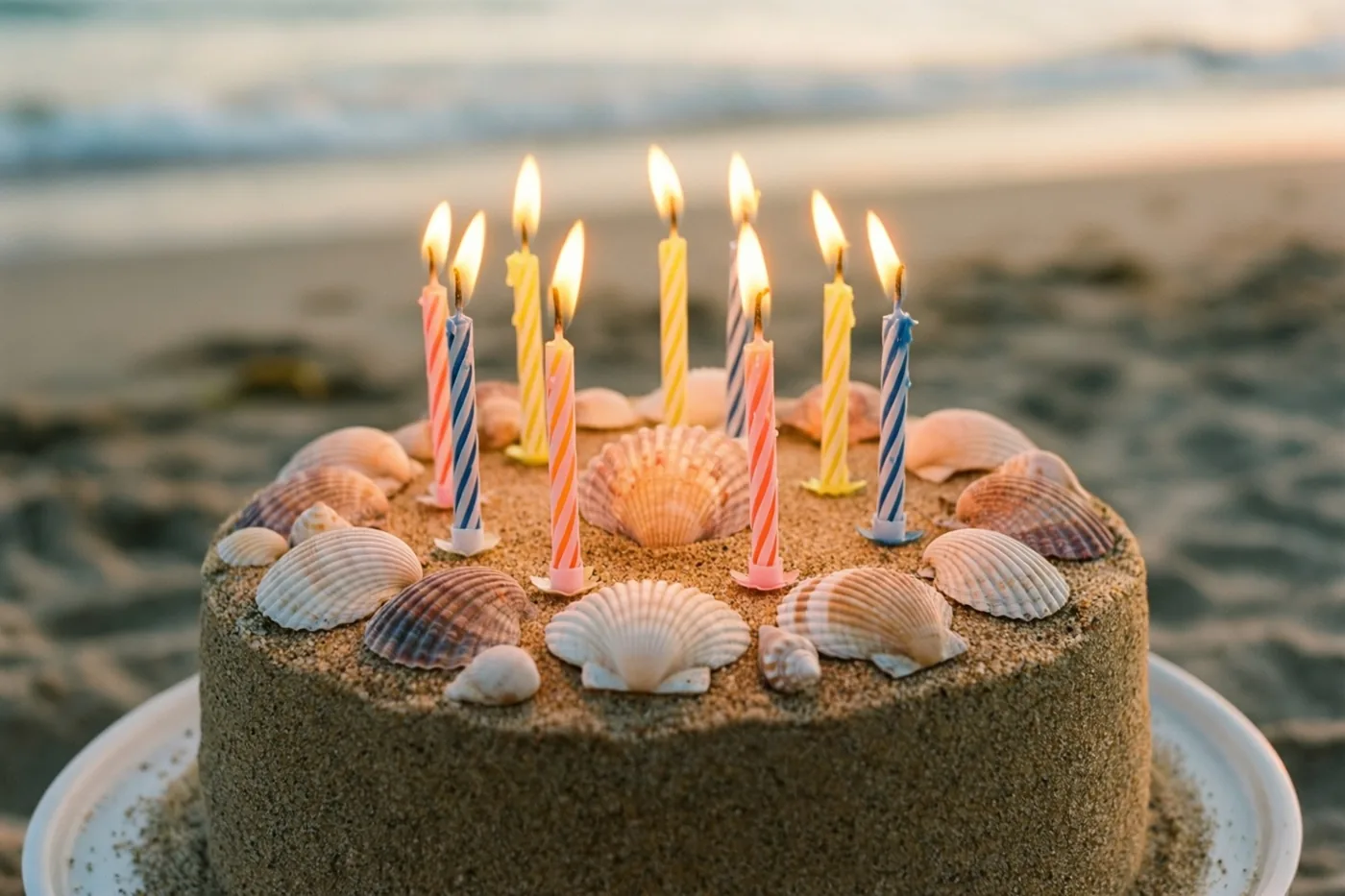 Een met zand bedekte verjaardagstaart met schelpen en brandende kaarsen staat in warm goudkleurig licht op het strand, met golven op de achtergrond.