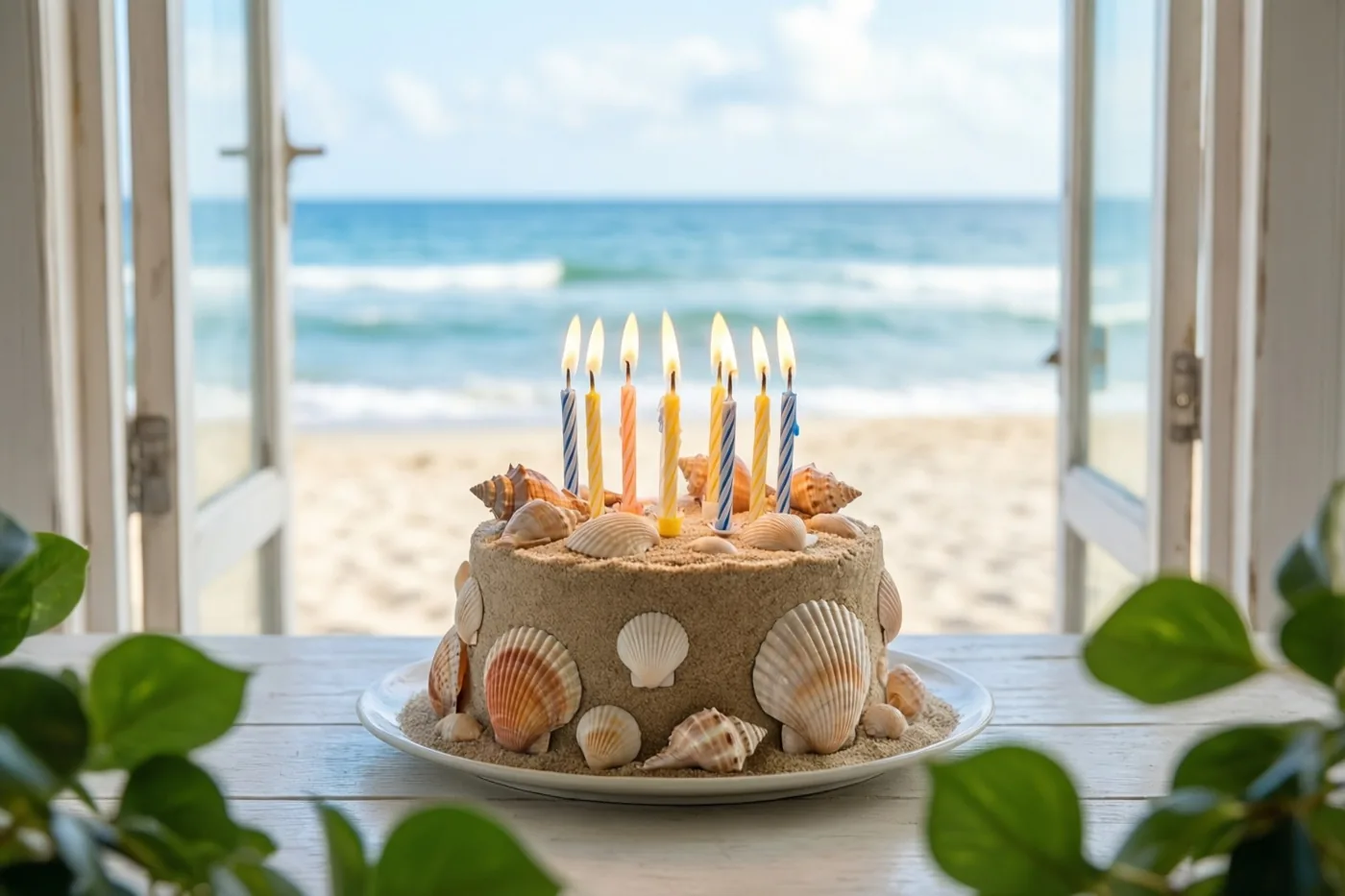 Een met zand bedekte verjaardagstaart met schelpen en brandende kaarsen staat binnen op een wit bord, met door het raam zicht op het strand en de zee.