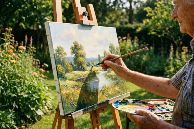 Een oudere persoon schildert een landschap op een doek op een schildersezel in een zonnige tuin met groen gebladerte en een blauwe hemel.