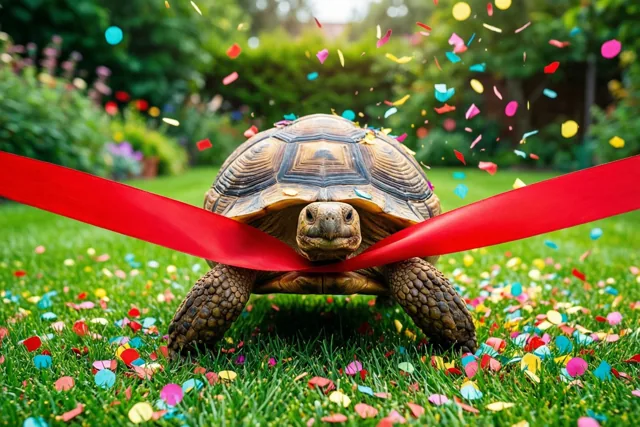 Een landschildpad breekt langzaam door een rood lint op een groen gazon terwijl kleurrijke confetti valt, met bomen op de achtergrond.