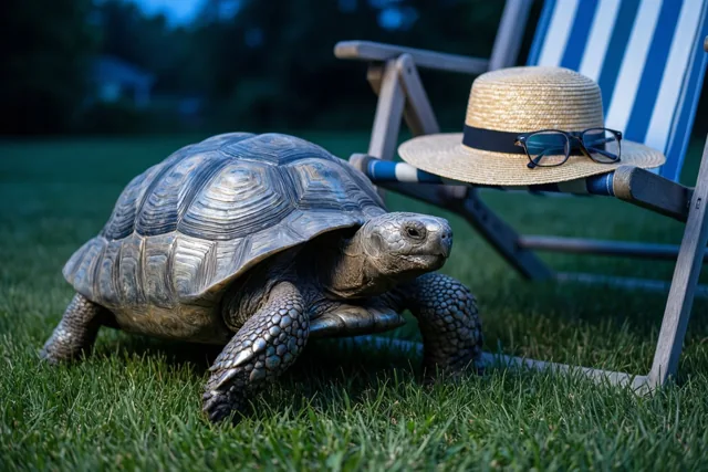 Een grote landschildpad loopt 's avonds over een groen gazon voor een blauwwit gestreepte ligstoel met een strohoed en leesbril, tegen een donkere achtergrond.