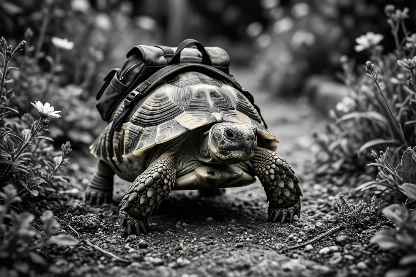 Op een zwart-witfoto loopt een landschildpad met een kleine rugzak langzaam over een tuinpad tussen planten en bloemen.