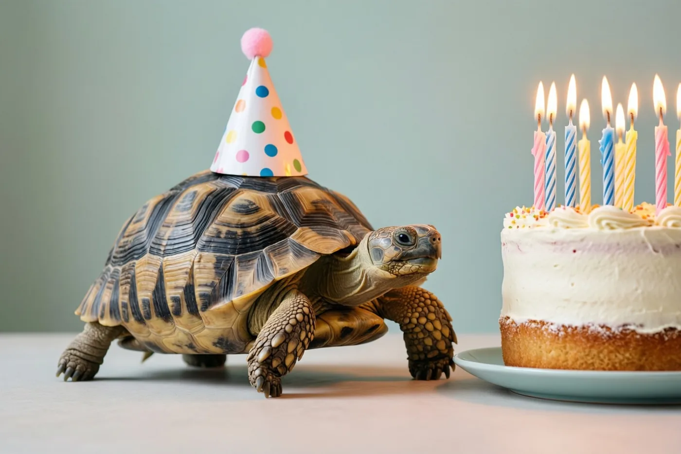 Een landschildpad met een kleurrijk gestippeld feesthoedje loopt naar een verjaardagstaart met brandende kaarsen tegen een gedempt groene achtergrond.