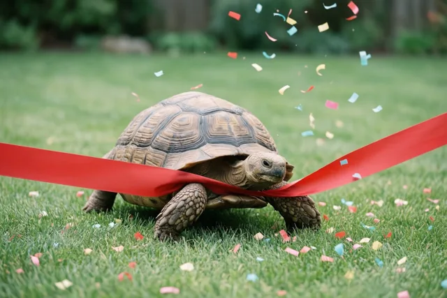 Een landschildpad breekt langzaam door een rood lint op een groen gazon, met vallende kleurrijke confetti en onscherp gebladerte op de achtergrond.