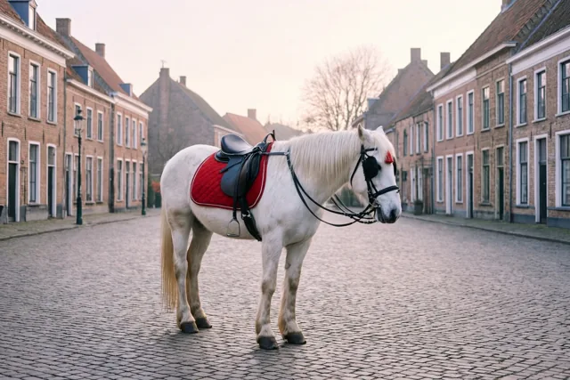 Een wit paard met een rood zadeldek staat in een gekasseide dorpsstraat tussen bakstenen gebouwen onder een bewolkte hemel.