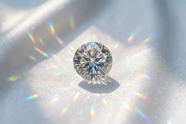 Een rond geslepen diamant ligt op zachte witte zijde en verspreidt regenboogkleurige schitteringen over de helder verlichte stof.