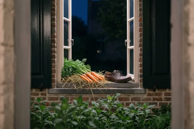 Een bruine leren schoen staat naast wortels en stro op de vensterbank van een bakstenen hoeve met donkergroene luiken, van buitenaf gezien bij nacht met planten op de voorgrond.