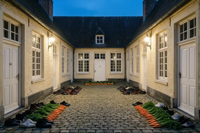 Voor de deuren van witgekalkte gebouwen staan rijen schoenen en wortels op een gekasseide binnenplaats, met warm lamplicht onder een diepblauwe schemerhemel.