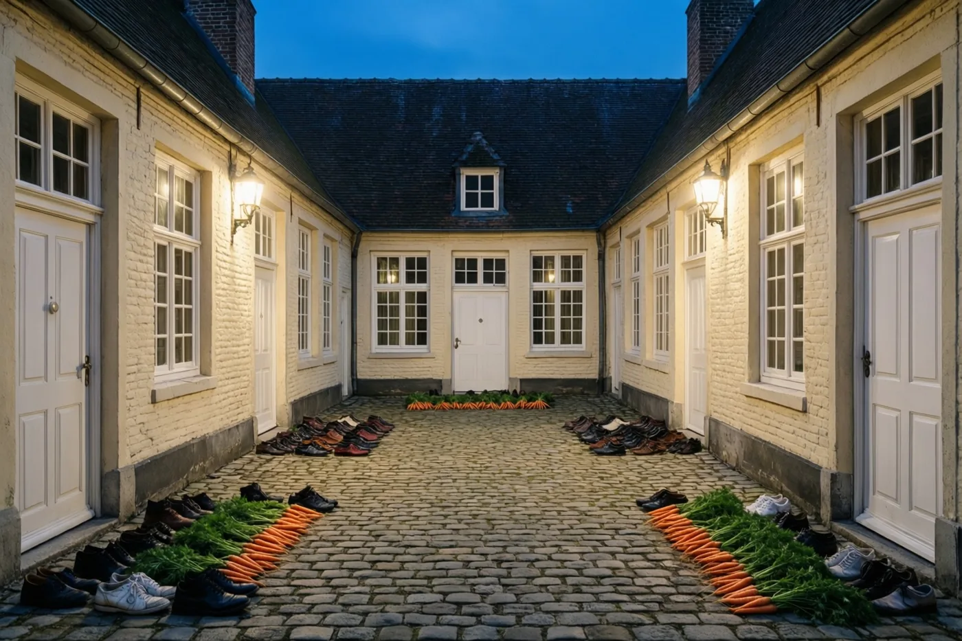 Voor de deuren van witgekalkte gebouwen staan rijen schoenen en wortels op een gekasseide binnenplaats, met warm lamplicht onder een diepblauwe schemerhemel.
