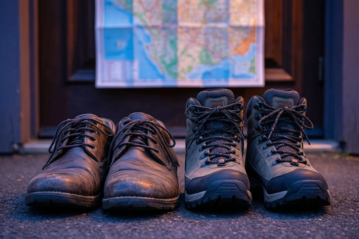 Versleten kantoorschoenen en nieuwe wandelschoenen staan naast elkaar op een drempel, met een landkaart aan de deur erachter.