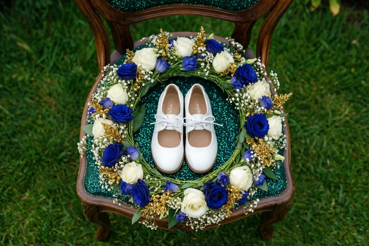 Een paar kleine witte schoenen staat op een tuinstoel met een bloemenkrans op groen gras, in een beeld met wit, koningsblauw en blauwgroene glitters.