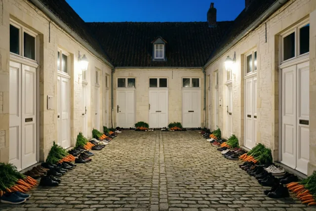Op een gekasseide binnenplaats tussen witgekalkte gebouwen staan rijen schoenen en wortels bij elke deur, verlicht door warme lampen onder een diepblauwe avondhemel.