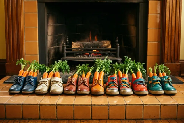 Een rij kinderschoenen met wortels met loof staat op de betegelde haardplaat voor een brandende haard, in warme oranje, bruine en rode tinten.