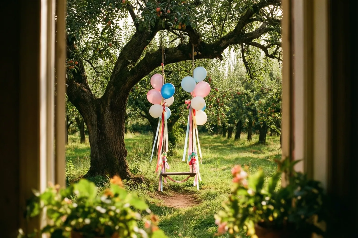 Door een raamkozijn is een schommel met roze, blauwe en witte ballonnen en kleurrijke linten te zien aan een grote boom in een oude, zonovergoten boomgaard.