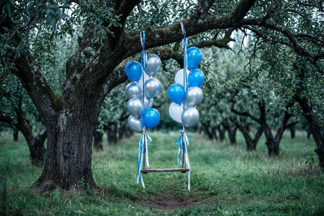 Een schommel met blauwe, zilveren en witte ballonnen hangt aan een grote boom in een oude boomgaard, met gras en rijen bomen op de achtergrond.