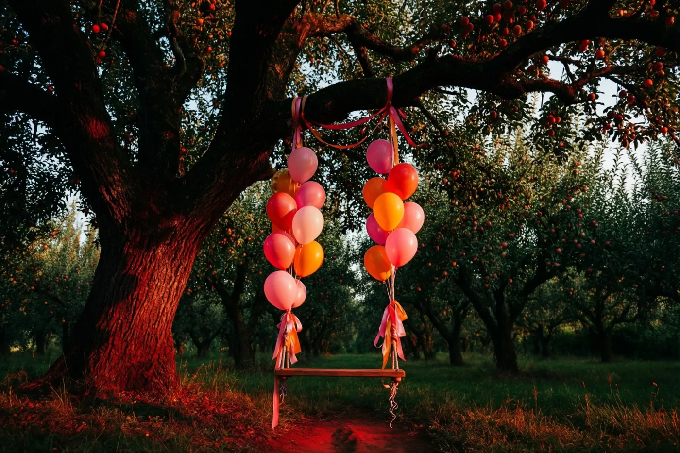 Een houten schommel met roze, oranje en rode ballonnen en linten hangt aan een grote boom in een boomgaard in warm, goudkleurig licht.
