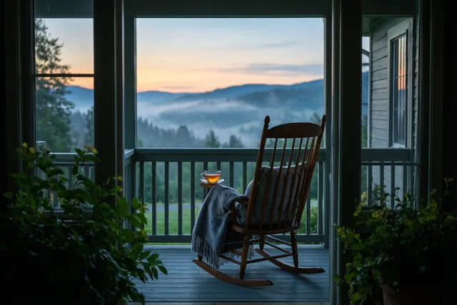 Een houten schommelstoel met een grijze deken staat op een veranda met uitzicht op mistige heuvels bij zonsopgang in blauwe, grijze en oranje tinten.