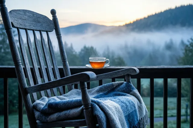 Een houten schommelstoel met een blauw-grijze deken staat op een veranda bij mistige heuvels tijdens zonsopgang, met een kop honingthee op de balustrade.