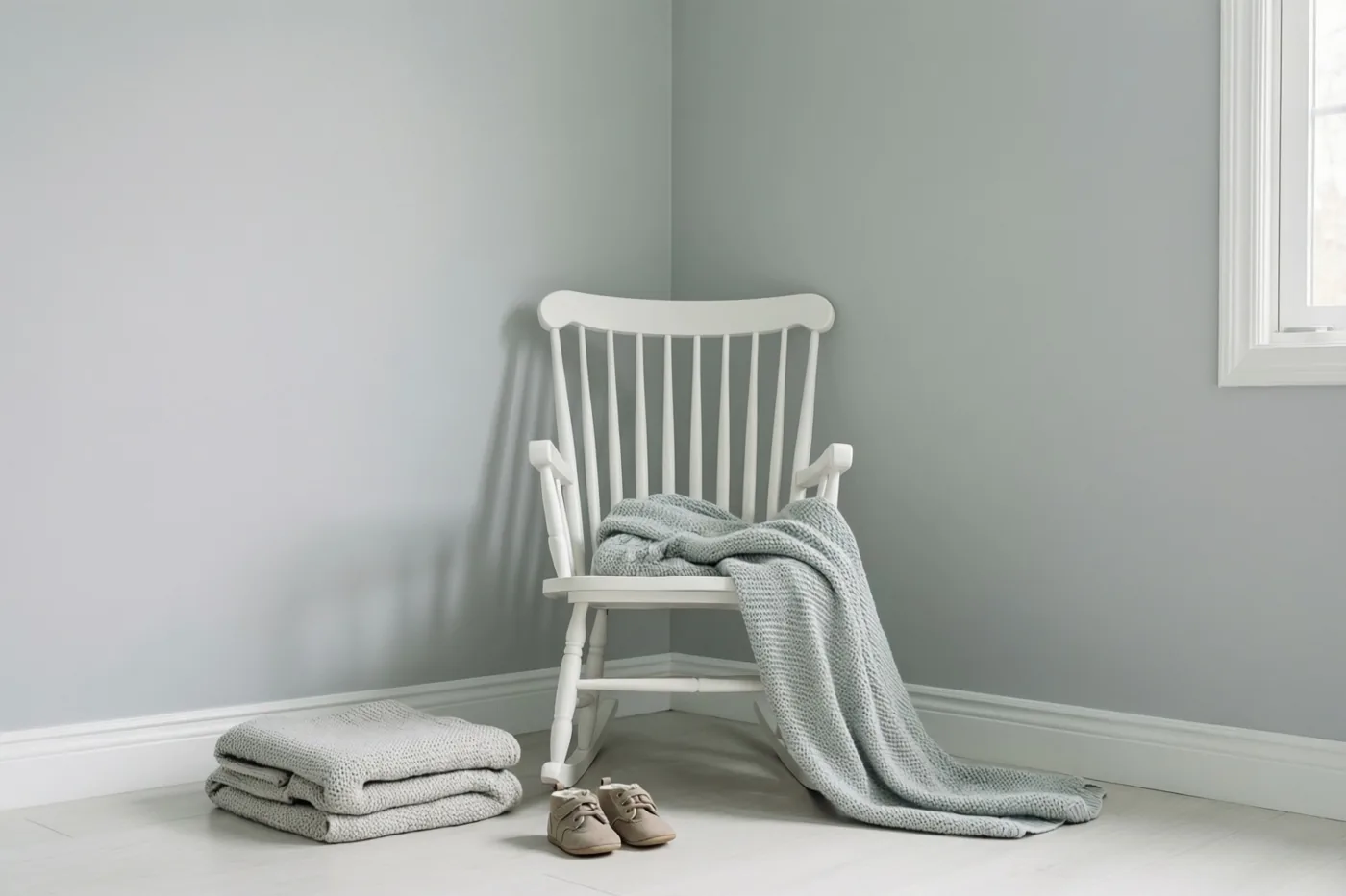 Over een witte houten schommelstoel in een lichtgrijze babykamer ligt een lichtgrijs gebreid dekentje, met een opgevouwen bijpassend dekentje en kleine beige schoentjes op de lichte houten vloer.