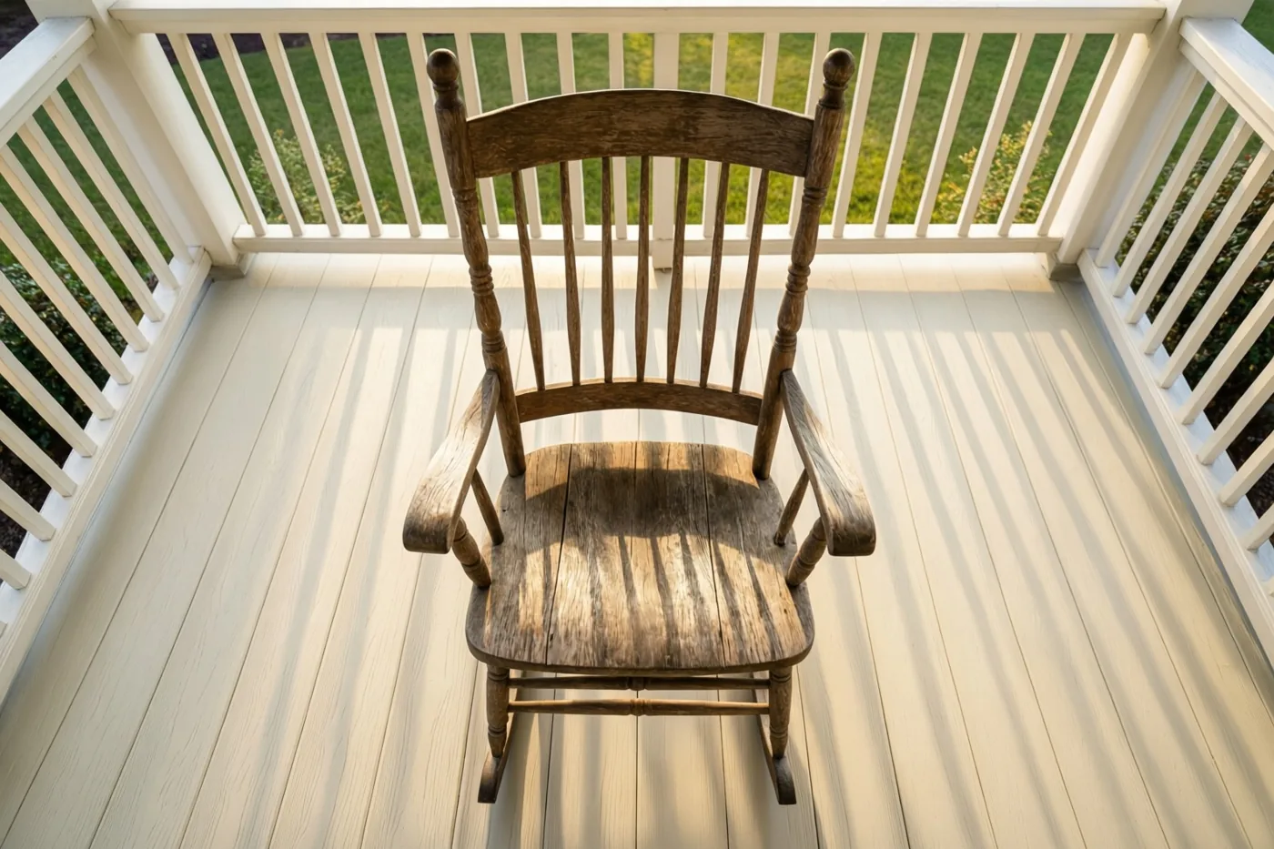 Een verweerde houten schommelstoel staat op een witte houten veranda met witte leuningen, met gras en struiken erachter in de namiddagzon.