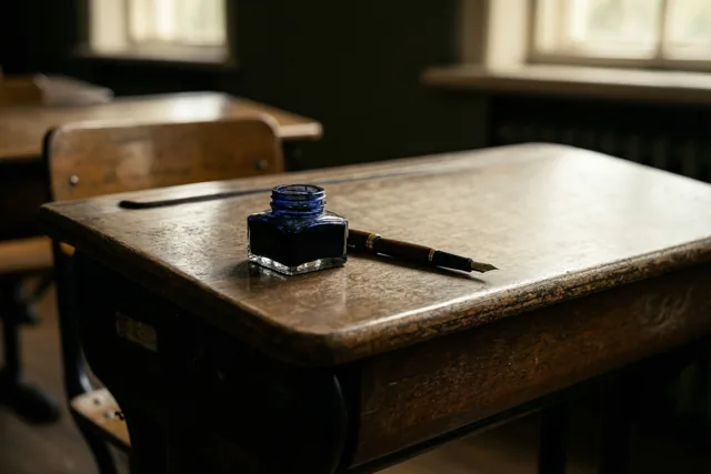 Op een oude houten schoolbank liggen een vulpen en een glazen inktpot, met ramen op de achtergrond van een schemerig klaslokaal.