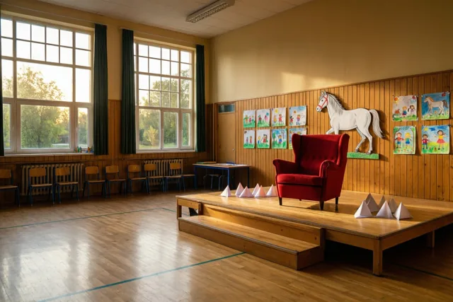 Een rode zetel en papieren mijters staan op een klein houten podium in een schoolzaal met kindertekeningen, waaronder een wit paard, en zonlicht door grote ramen.