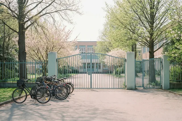 Voor een schoolpoort staan fietsen tussen bomen met frisgroene bladeren en bloesems in zacht, helder lentelicht.