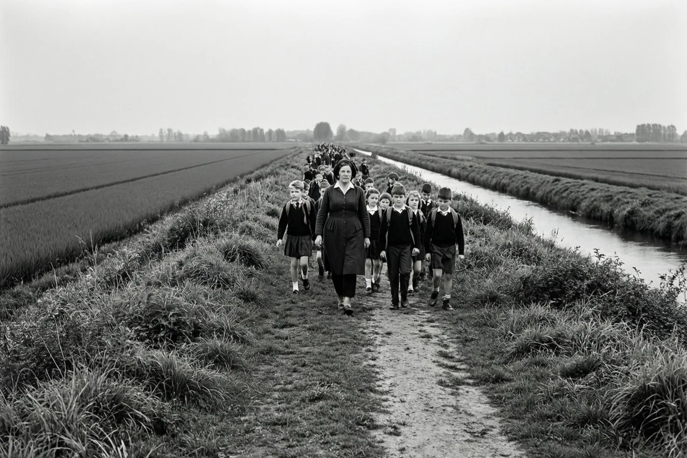 Op een zwart-witfoto lopen een leerkracht en een rij leerlingen over een aardeweg op een polderdijk tussen velden en een kanaal.