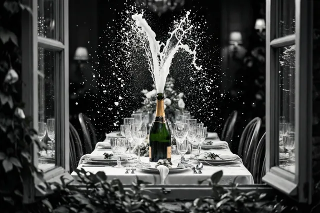 Door een open raam is in zwart-wit een champagnefles te zien waaruit een schuimfontein over een feestelijk gedekte eettafel spuit.