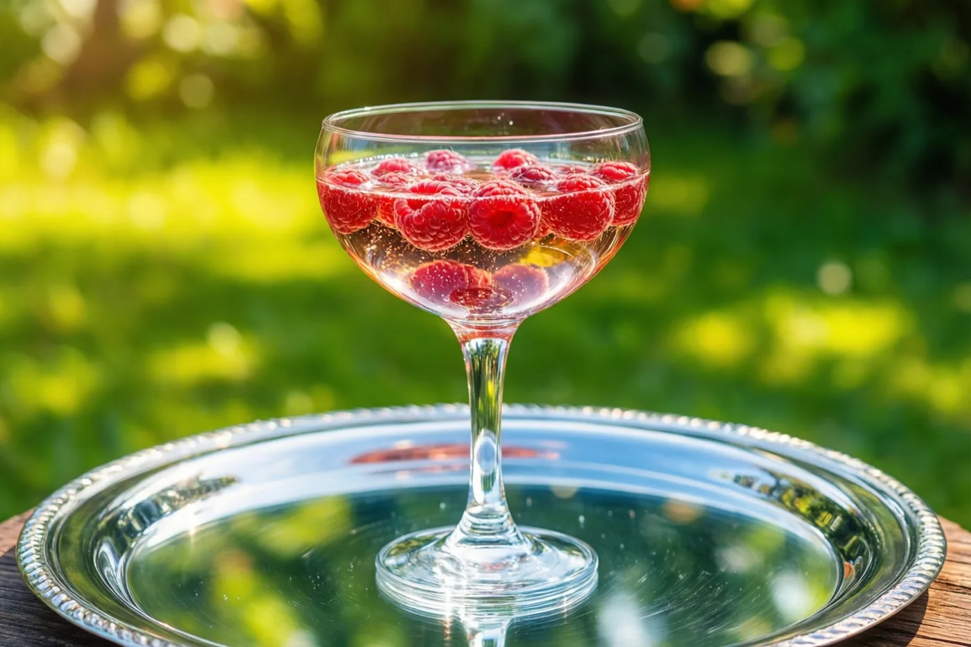 Een coupeglas met schuimwijn en drijvende frambozen staat buiten op een zilveren dienblad, met een onscherpe groene tuin in het felle zonlicht op de achtergrond.