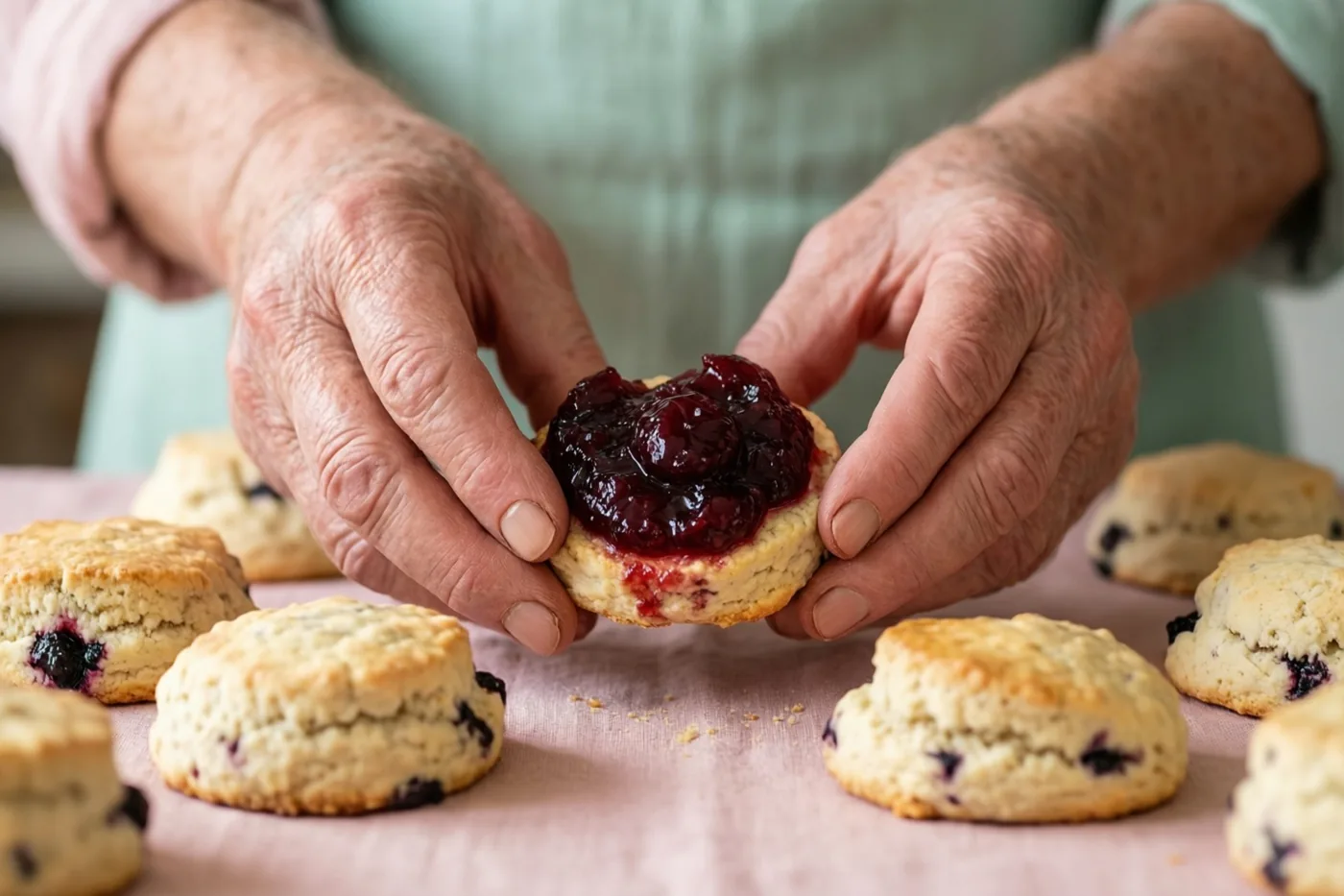 Verweerde handen smeren donkere pruimenconfituur op een scone met blauwe bessen aan een keukentafel met een roze doek en andere scones.