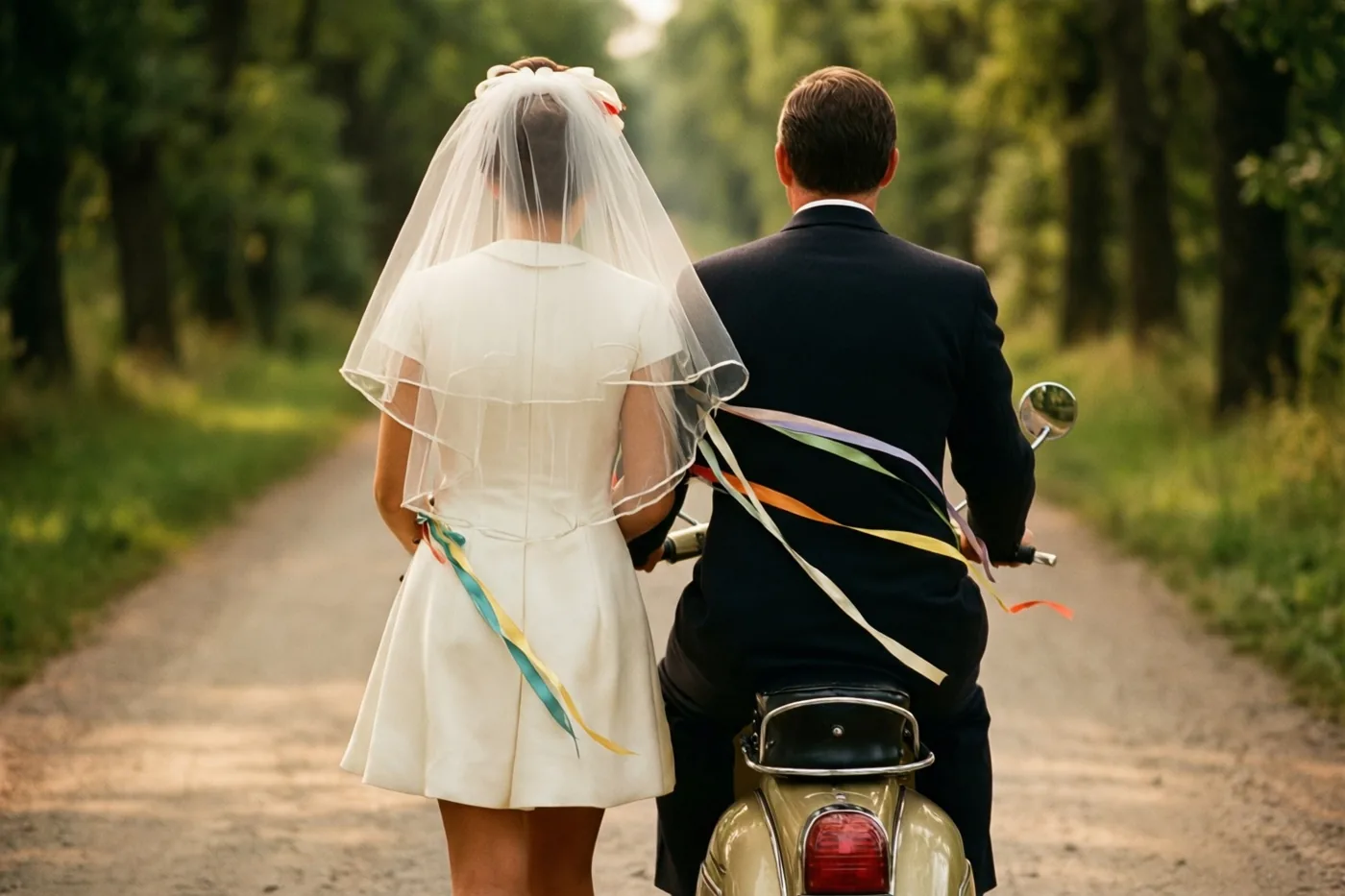 Een bruid in een korte witte jurk en sluier en een bruidegom in een donker pak rijden van achteren gezien op een scooter over een zandweg met bomen, met kleurrijke linten achter hen aan.
