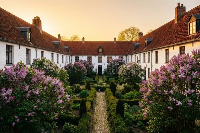 Bloeiende paarse seringen en verzorgde groene hagen staan in een binnenhof met witte huizen en rode pannendaken, in het gouden licht van de ondergaande zon.