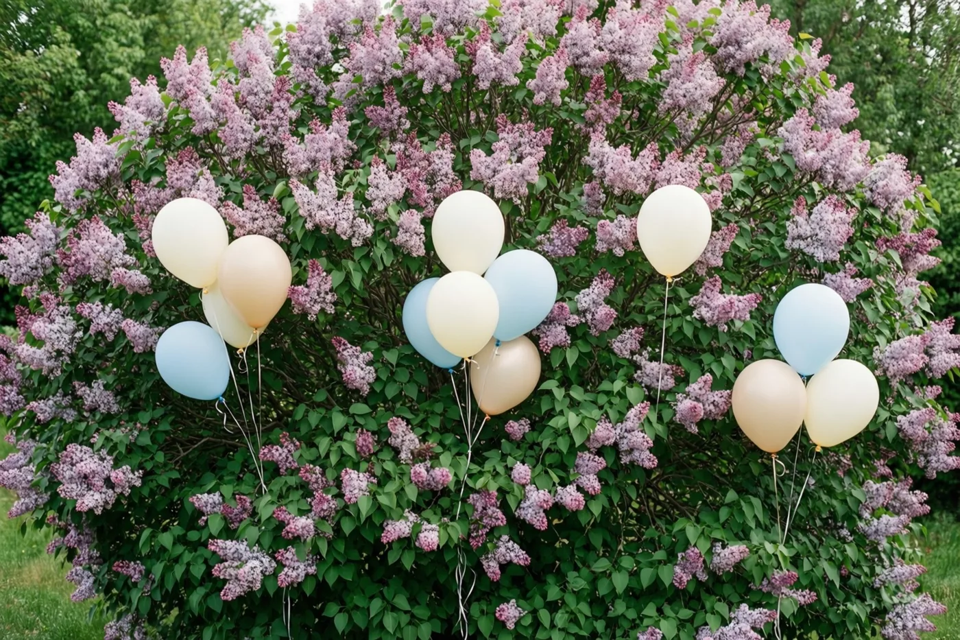 Aan de takken van een bloeiende seringenstruik met paarse bloemen en groene bladeren hangen ballonnen in pastelblauw, crème en beige.